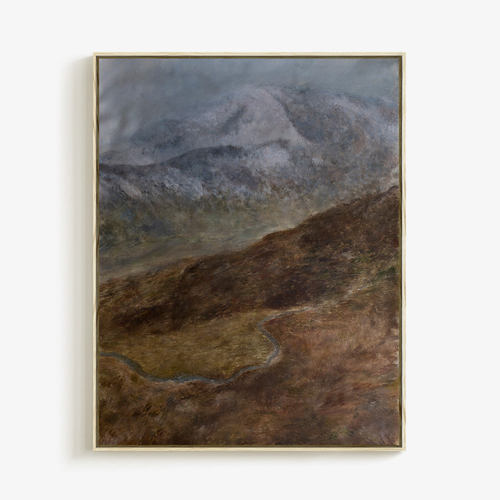 Scottish Highlands 01 painting dark grey brown and green hills with a cloudy sky in a light wooden frame