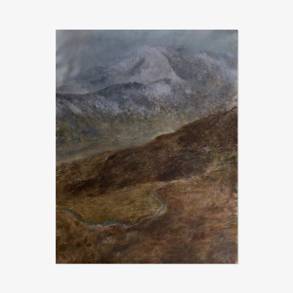 Scottish Highlands 01 painting dark grey brown and green hills with a cloudy sky
