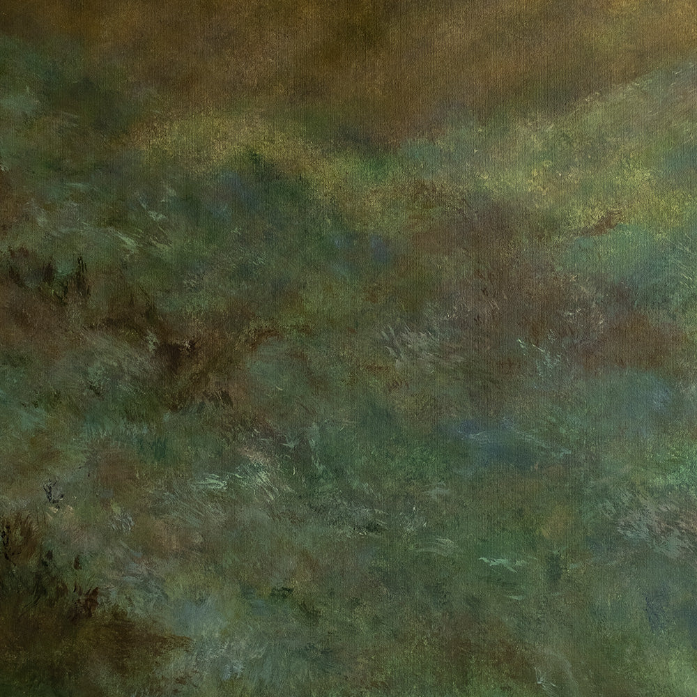 Close-up view of abstract painting Scottish Highlands 02 showing textured brushstrokes of green and brown