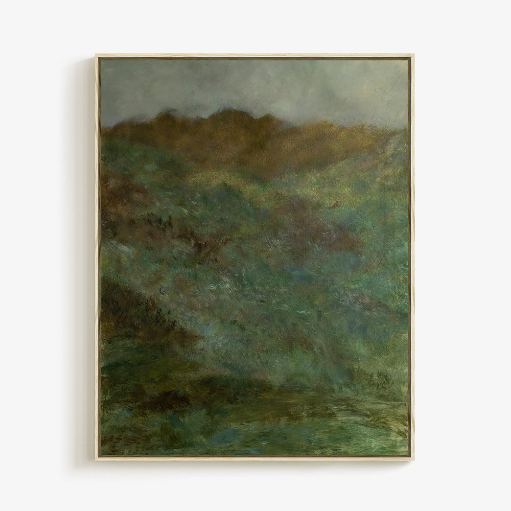 Abstract painting Scottish Highlands 02 in a light wooden frame depicting green hills under a gray sky