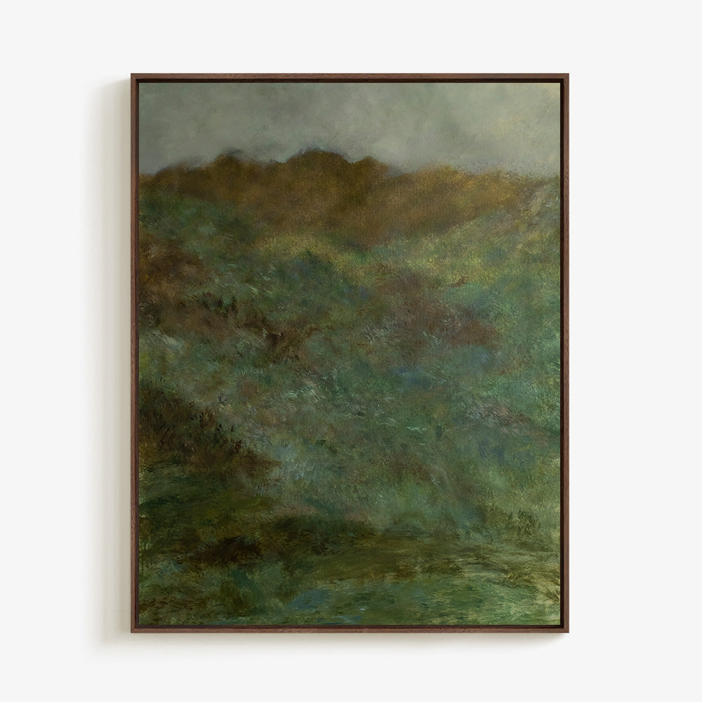 Abstract painting Scottish Highlands 02 in a dark brown wooden frame depicting green hills under a gray sky