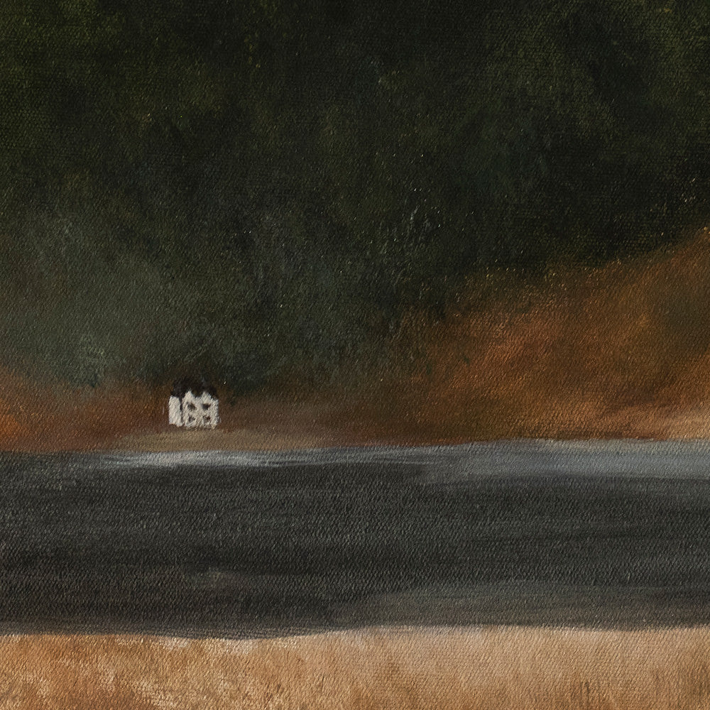 An abstract painting showing a dark landscape with a tiny white house by a body of water