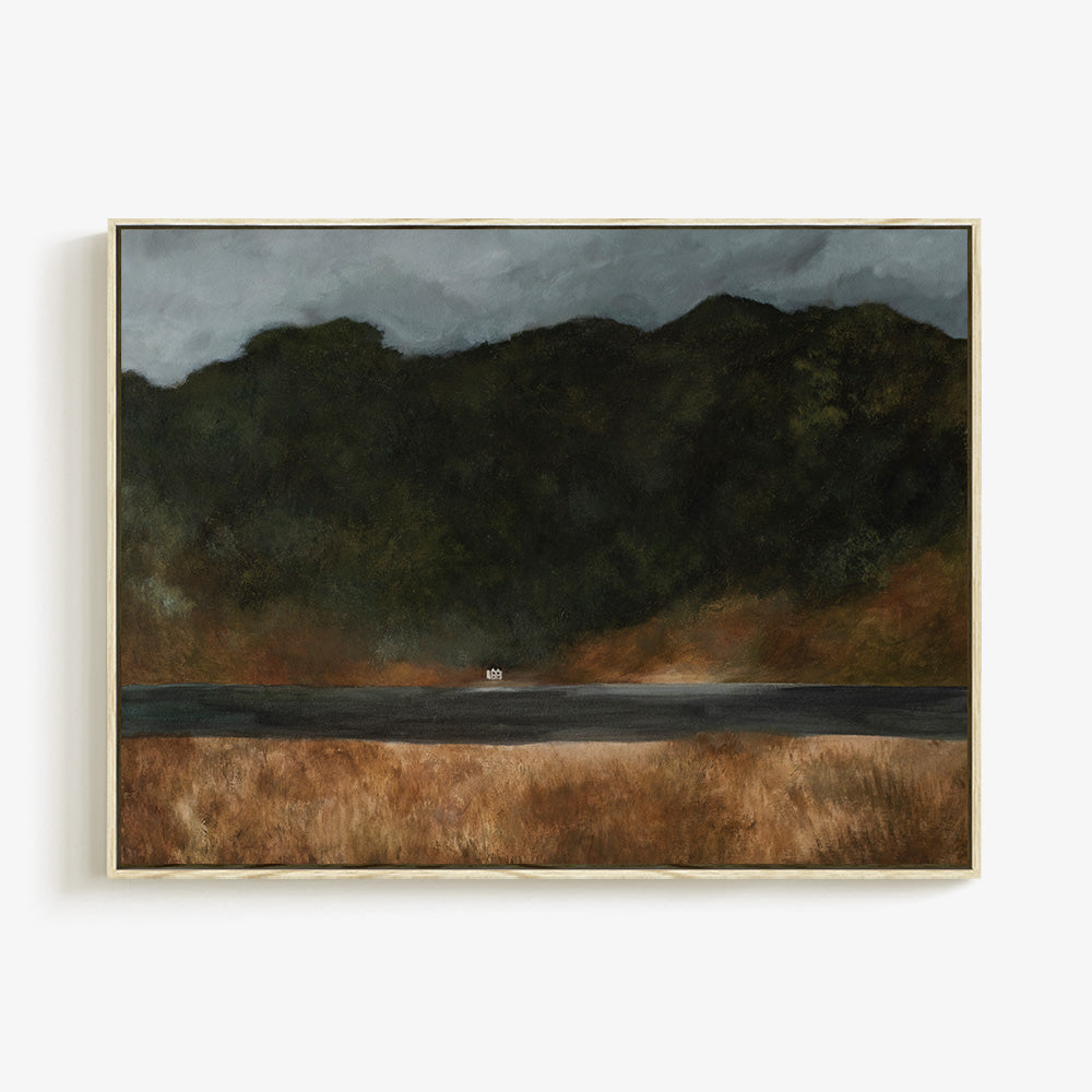 Abstract painting Scottish Highlands 03 in a light wooden frame depicting a dark forest a dark lake and golden grass