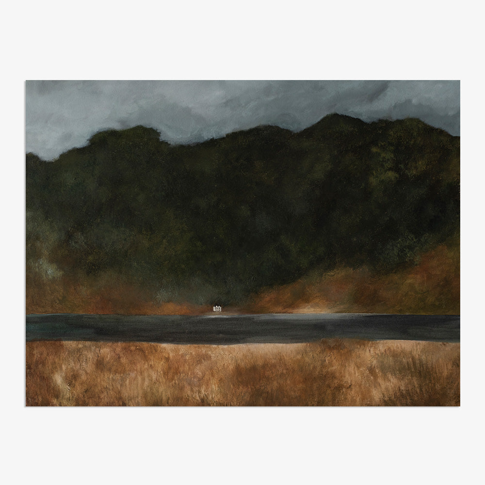Unframed abstract painting Scottish Highlands 03 depicting a dark forest a dark lake and golden grass