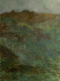 Landscape painting in vertical orientation showing rolling hills in deep textured shades of green and brown