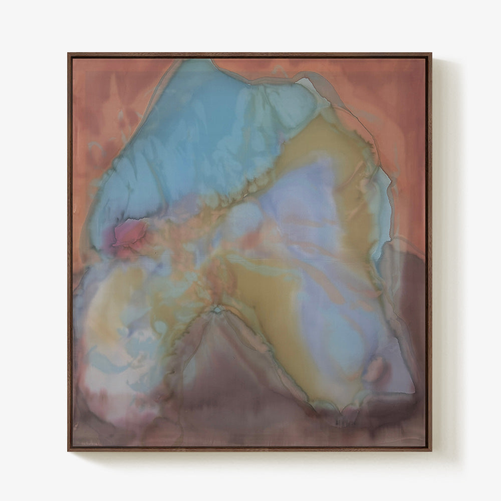 Abstract painting Soft Shield in a dark brown frame featuring a blend of blue orange brown pink and purple hues