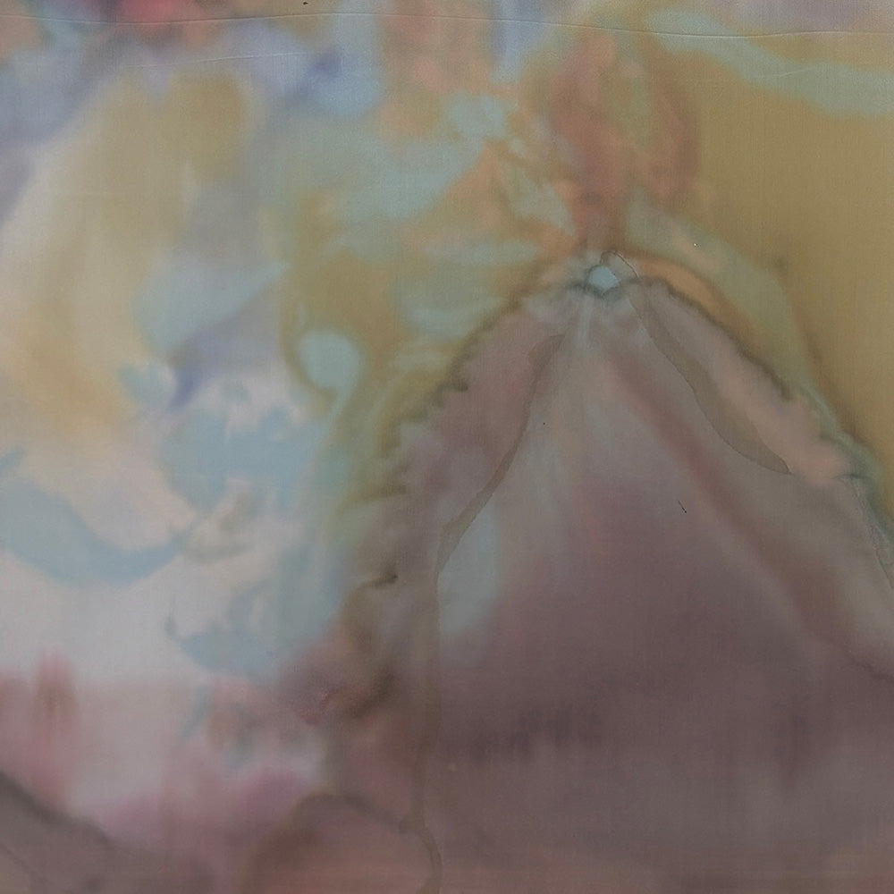 Abstract painting featuring diffused warm tones of yellow light blue and pink with a central dark purple blending