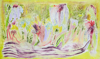 Brightly colored painting with yellow backdrop abstract floral shapes in pink purple and blue and wavy lines
