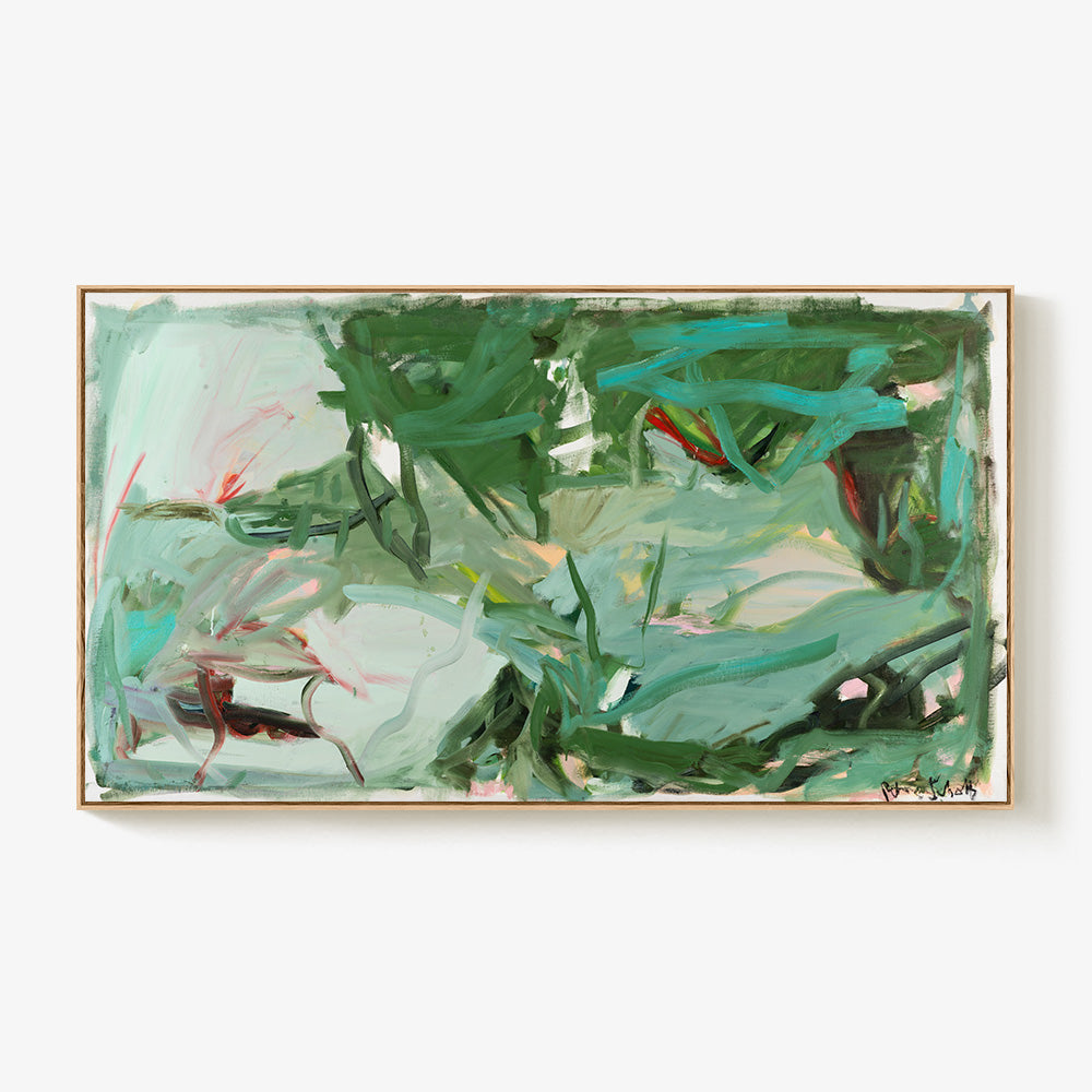Horizontal abstract painting featuring expressive layered brushwork in varying shades of green teal and soft pink