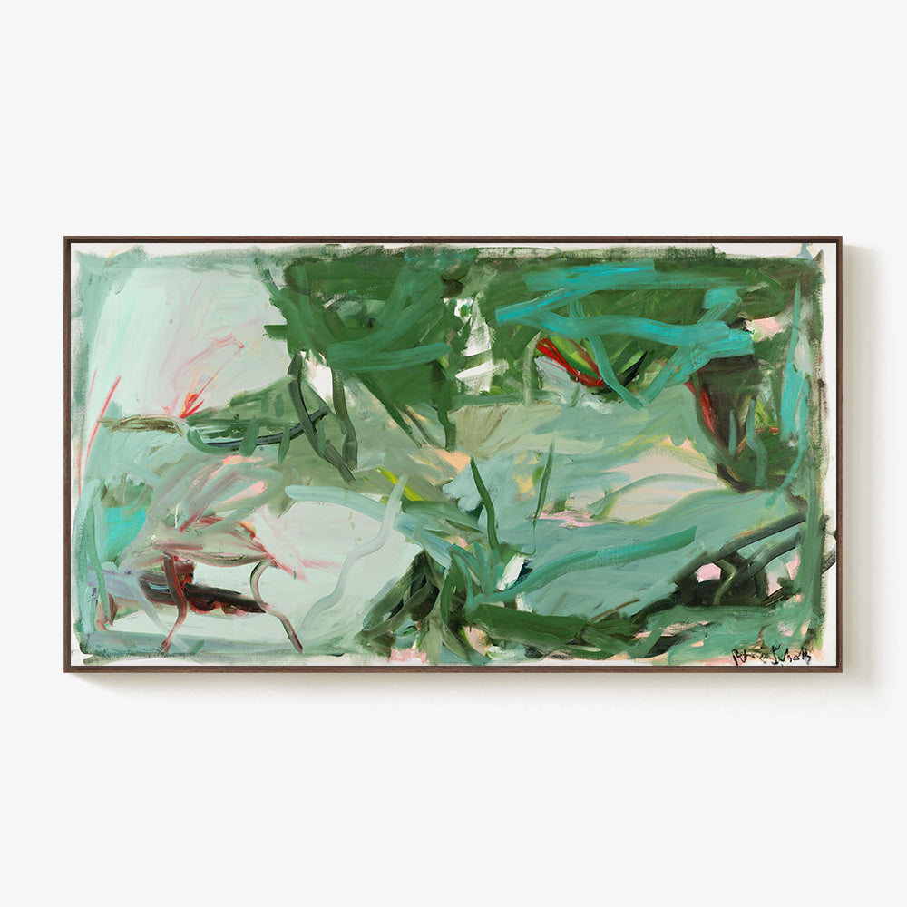Framed horizontal abstract painting with dark green and teal gestural marks on a pale light-toned background