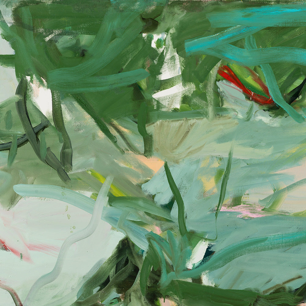 Close-up of an abstract painting showcasing thick textured brushstrokes in deep green turquoise and white