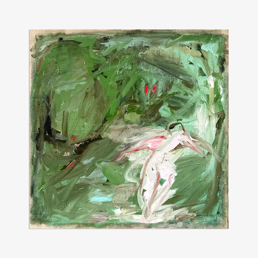 Square abstract painting with layered green pink and white paint framed in a simple light wood border