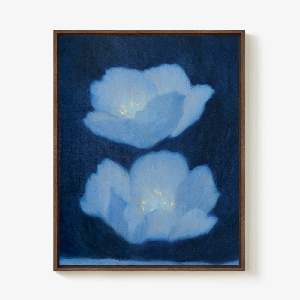 Still Life in Deep Blue painting by Jihyeon Park Two light blue flowers with glowing centers on a dark blue background