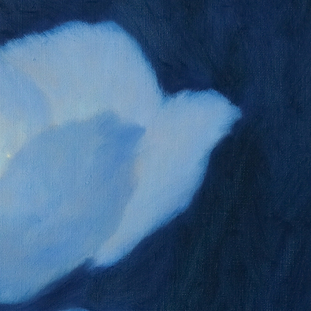 Extreme close-up of the Still Life in Deep Blue painting focusing on the texture of blue petals