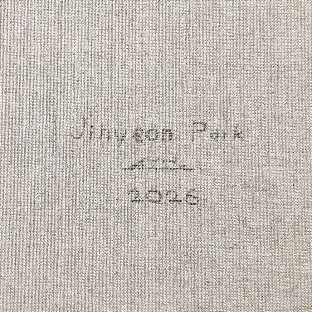 Close-up of the back of the painting with signature Jihyeon Park and year 2026