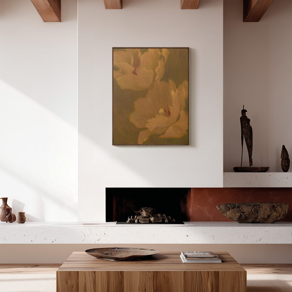 Still Life in Khaki painting hanging above a fireplace in a modern living room