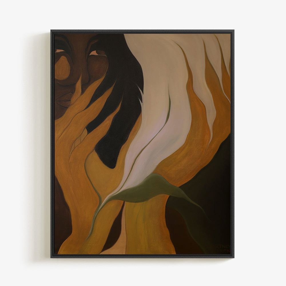 Abstract figurative painting featuring dark tones and fluid elongated shapes in shades of brown gold and green