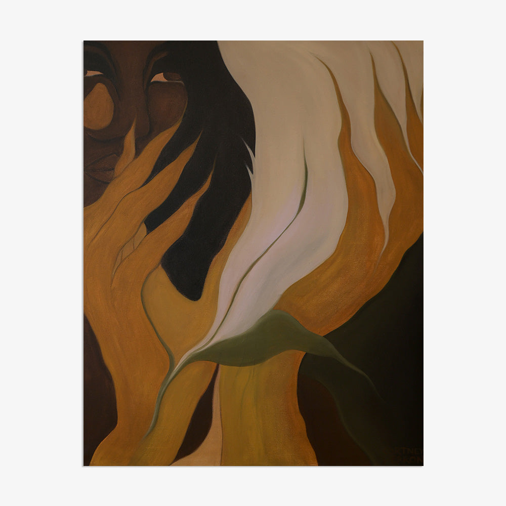 Abstract artwork showing flowing organic shapes in earthy brown and gold tones on a dark background