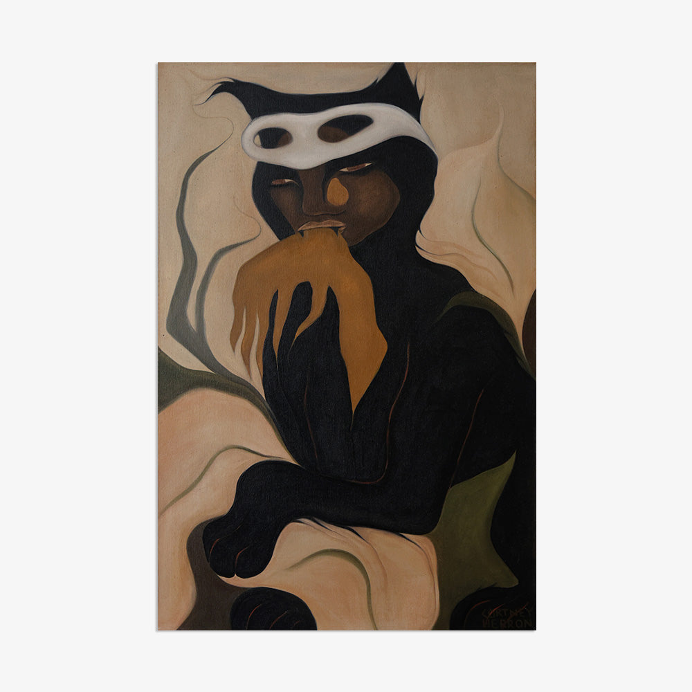 Unframed painting titled The Being Within showing a dark figure with a white mask over neutral earthy tones