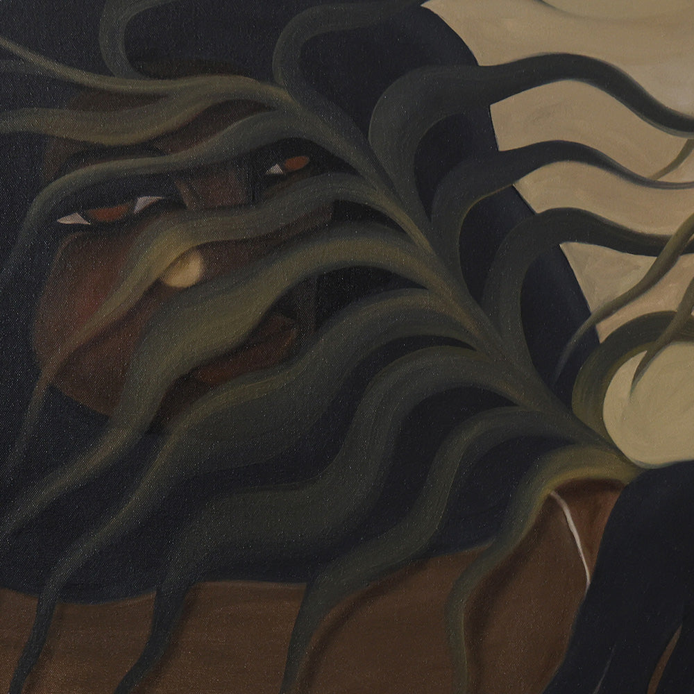 Detail view of The In Between painting showing a figure obscured by stylized flowing dark green foliage
