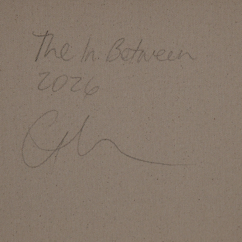 Close-up of the back of the canvas for The In Between showing handwritten signature and year 2026
