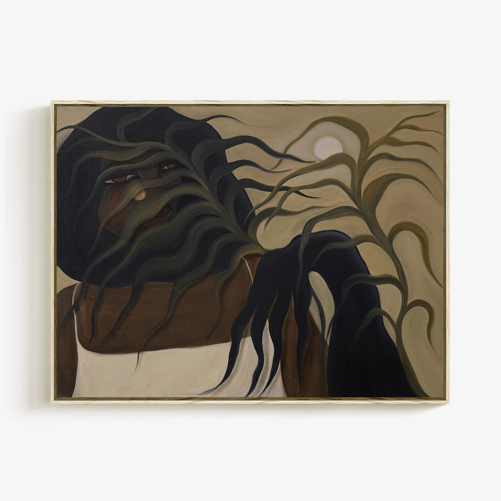 Landscape painting titled The In Between in a thin gold frame depicting a figure amidst dark sweeping plants