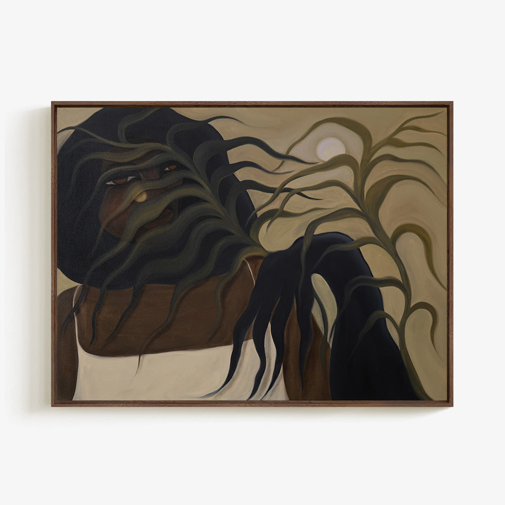 Landscape painting titled The In Between in a dark wood frame depicting a figure amidst dark sweeping plants