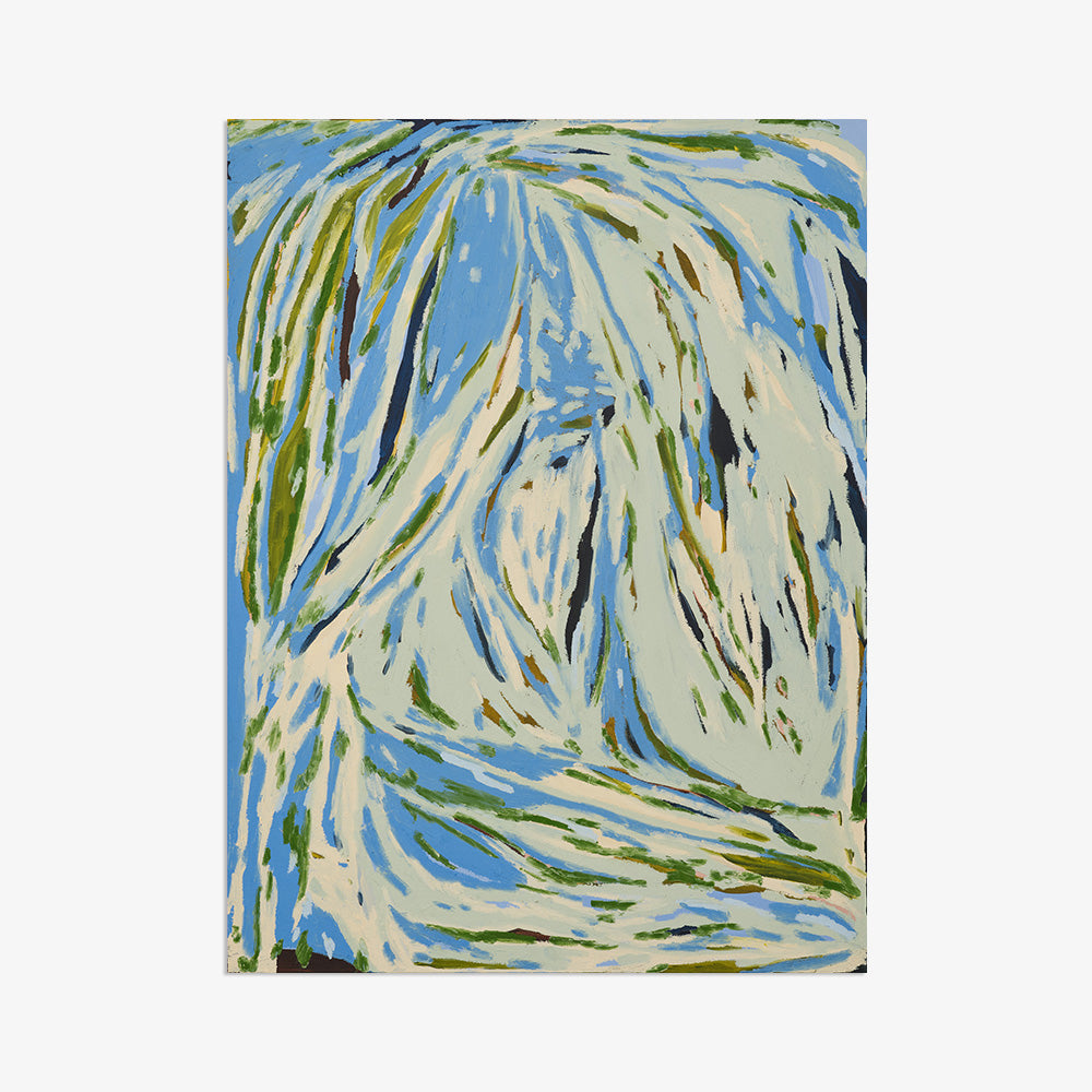 Abstract expressionist painting featuring energetic strokes of blue light green and dark brown on canvas