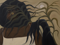 Painting of a person with dark hair partially obscured by foliage in muted earth tones against a beige background