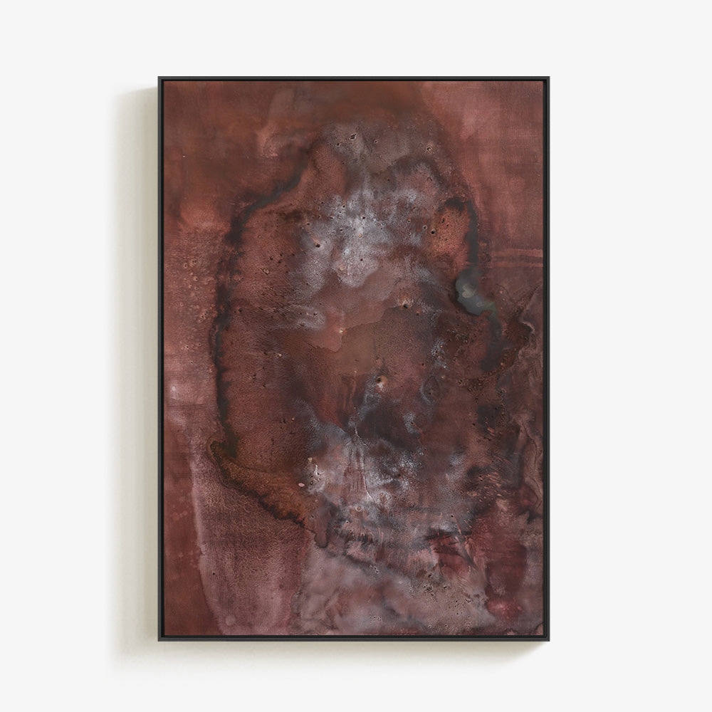 Abstract painting titled Theory of Further with deep reddish-brown and textured charcoal washes in a thin black frame