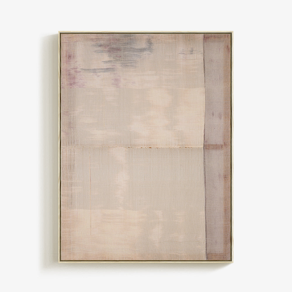 Framed textile art with an abstract minimalist design in neutral beige tan and grey tones