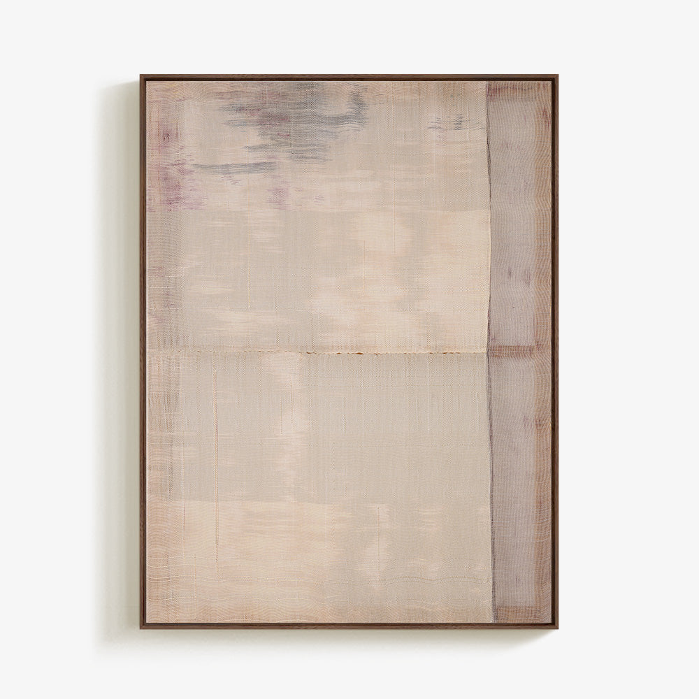 Abstract textile wall hanging framed in dark wood featuring muted earth tones and subtle horizontal striping