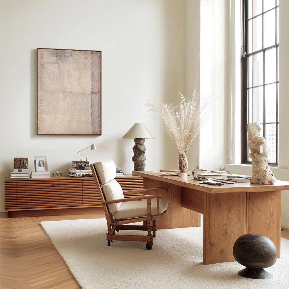 Modern office space showing the Untitled 180 textile art piece mounted on a wall above a wood storage cabinet
