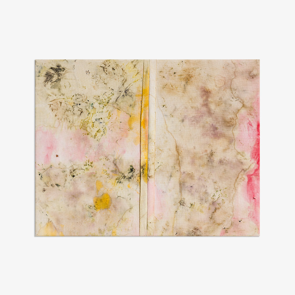 Textile wall art with uneven beige pink and yellow pigments and a central vertical seam without a frame