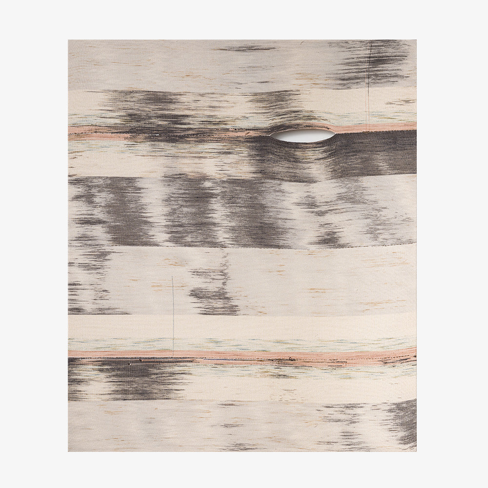 Unframed rectangular textile featuring horizontal abstract gray and peach stripes with a central oval gap
