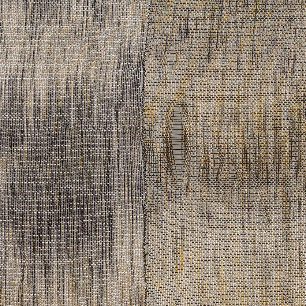 Close-up of a woven textile showing detailed fiber texture with dark brown and beige vertical weave patterns