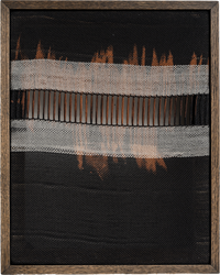 Framed textile art featuring black mesh overlaying horizontal white and copper ikat-style fabric sections