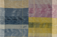 Textile wall art with plaid-like composition in blue yellow grey and purple ikat-style stripes