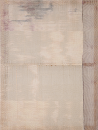 Neutral-toned abstract textile art with subtle beige grey and soft purple horizontal ikat-style bands
