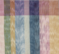 Textured fabric panel featuring a colorful vertical striped pattern in soft shades of blue pink yellow and green