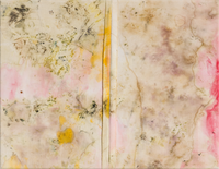 Abstract textile with organic marble-like stains in shades of cream yellow pink and brown divided by a center seam