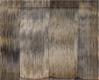 Textured fabric wall art composed of vertical panels in muted gray and brown tones with thin frayed thread details
