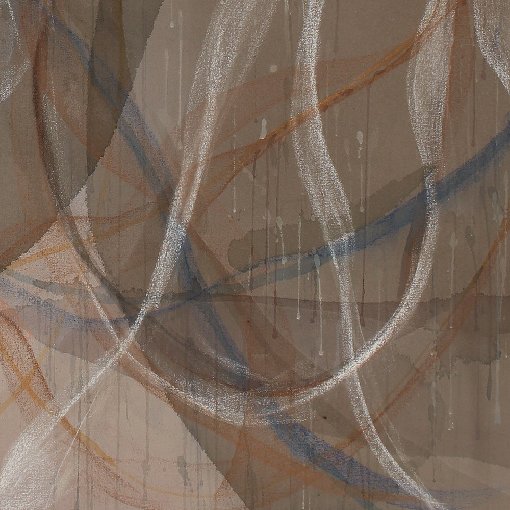 Abstract painting featuring overlapping flowing white and orange lines over a textured earthy brown background