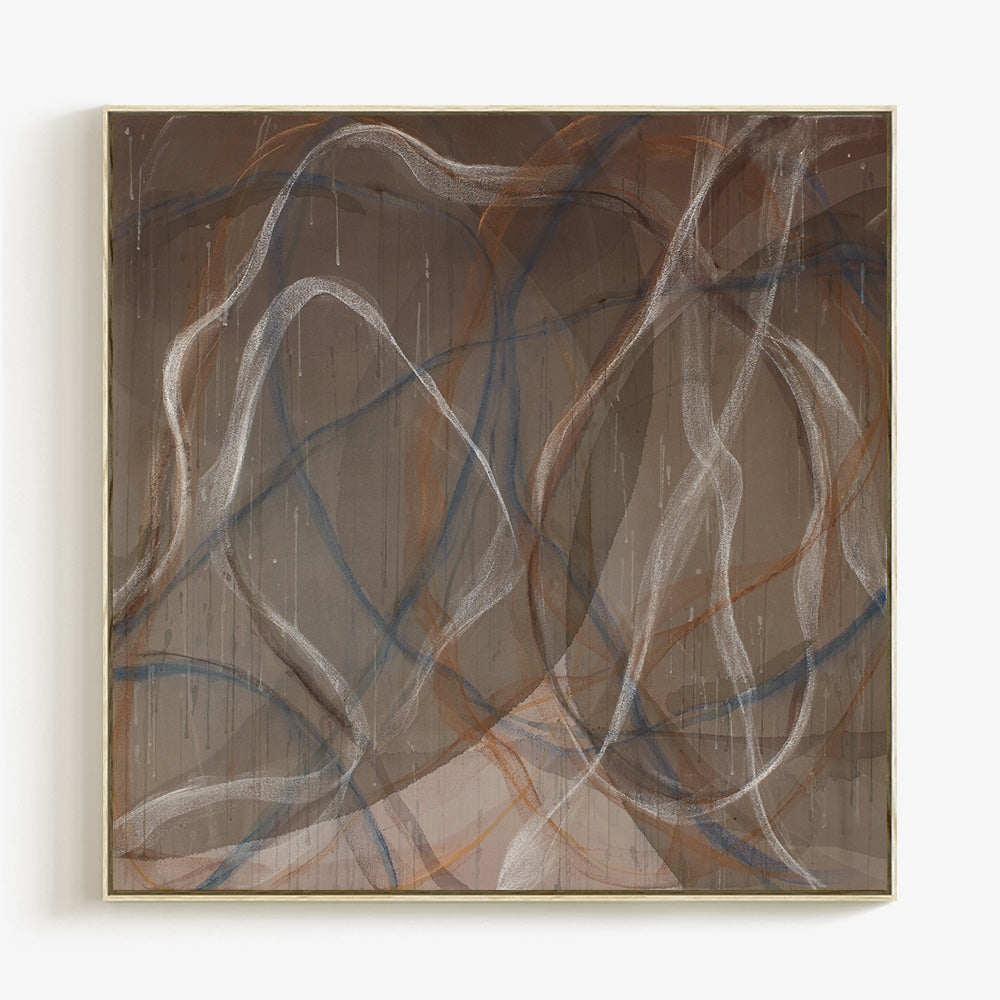 Abstract painting featuring overlapping swirling white and dark blue linear strokes against a layered brown background