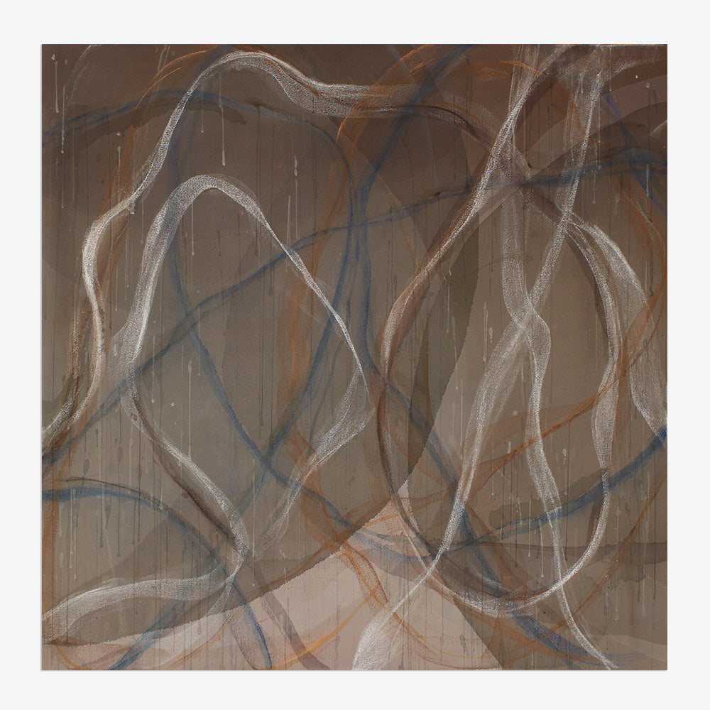 Abstract artwork consisting of layered brown tones with dynamic white and blue curved lines and faint vertical drips