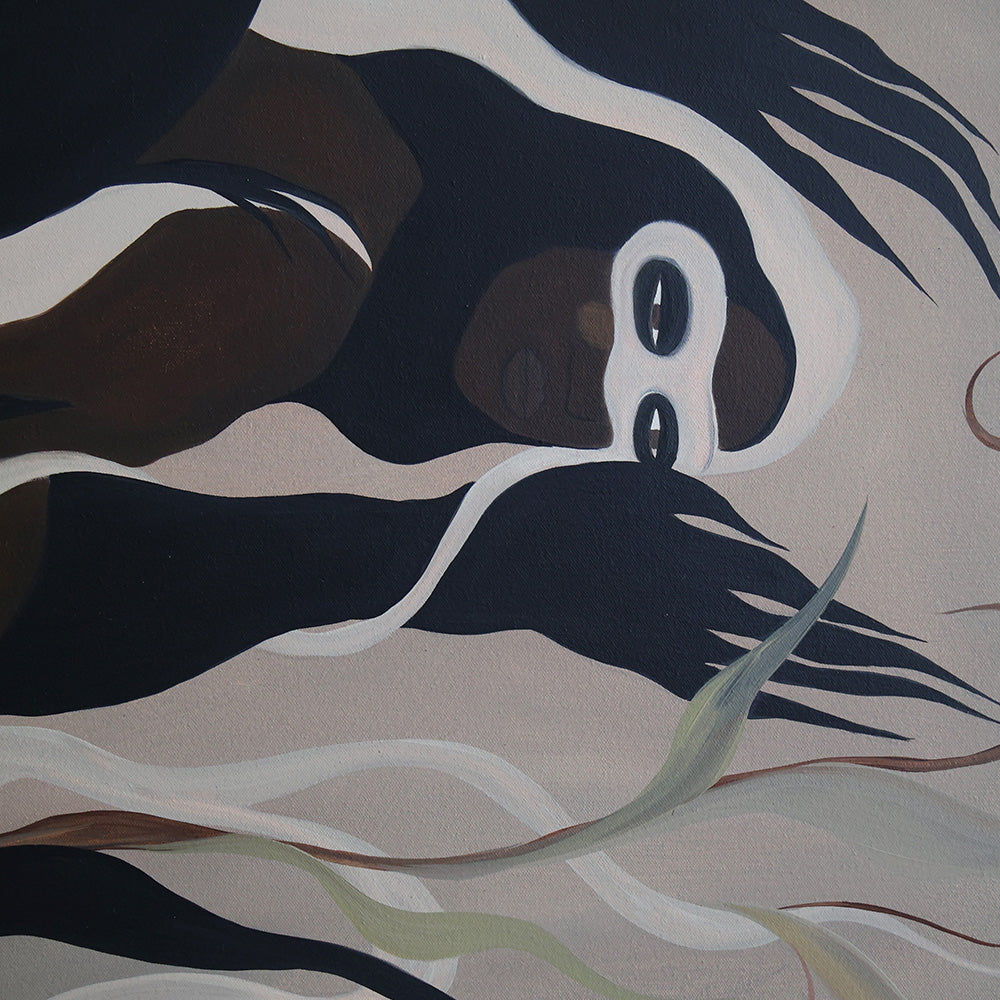 Abstract oil painting detail featuring a dark figure with a white mask amidst flowing organic shapes