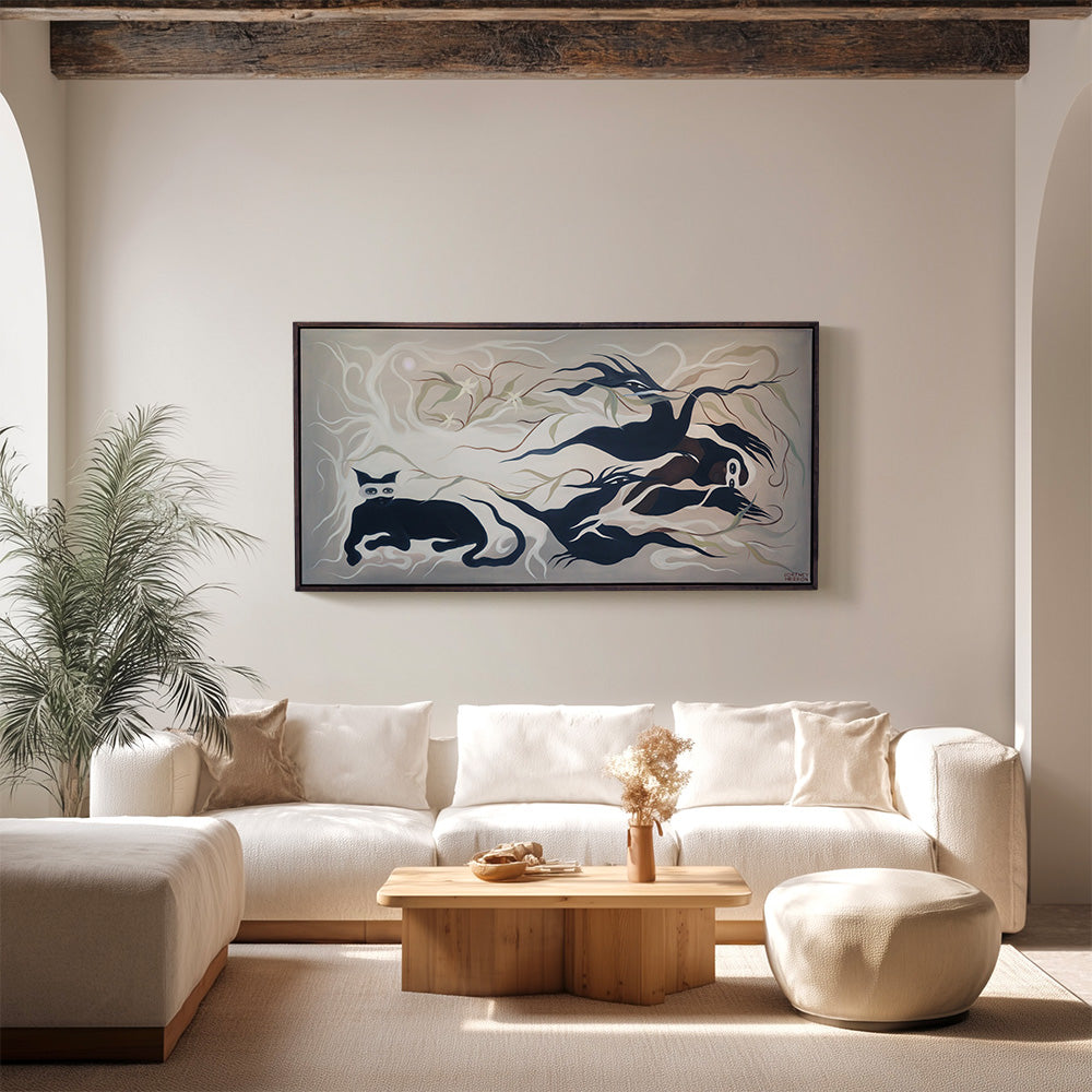Framed horizontal painting of a cat and dark ethereal figures in a bright contemporary living room