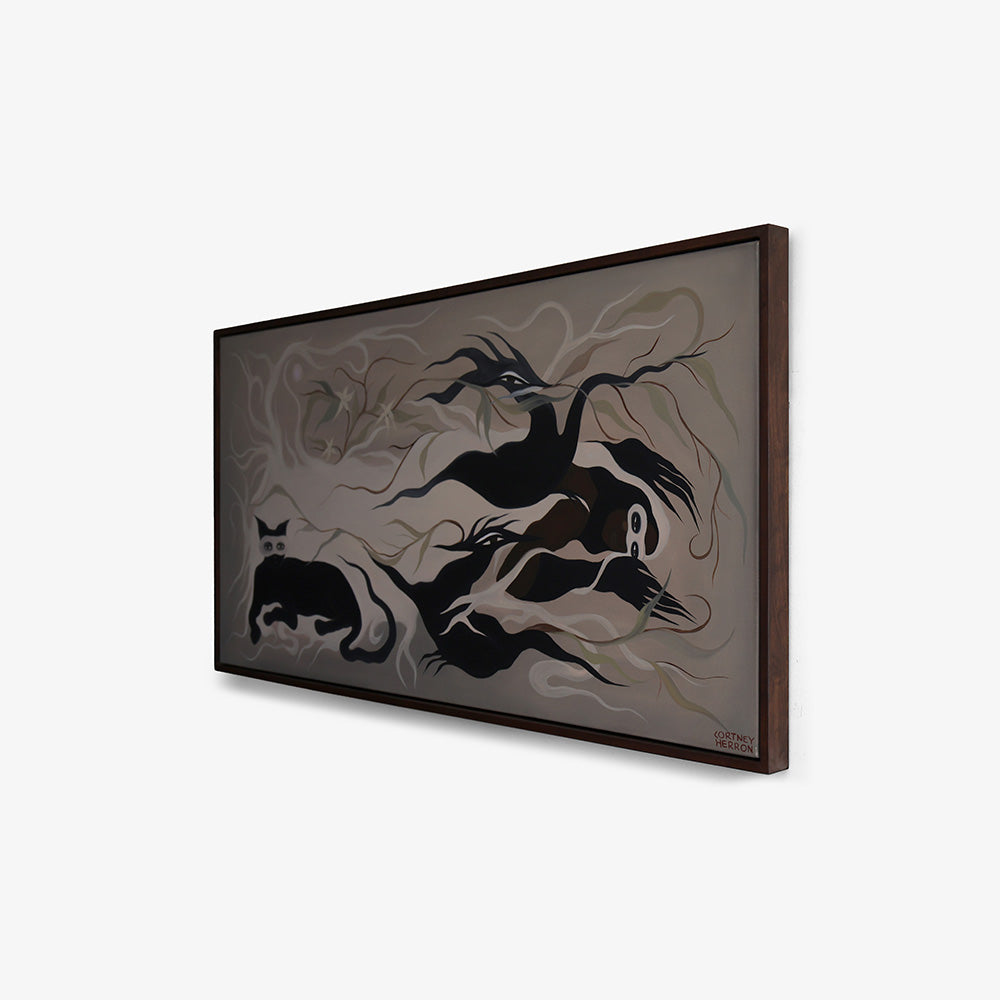 Angled view of a dark framed landscape painting featuring stylized black figures and flowing linework
