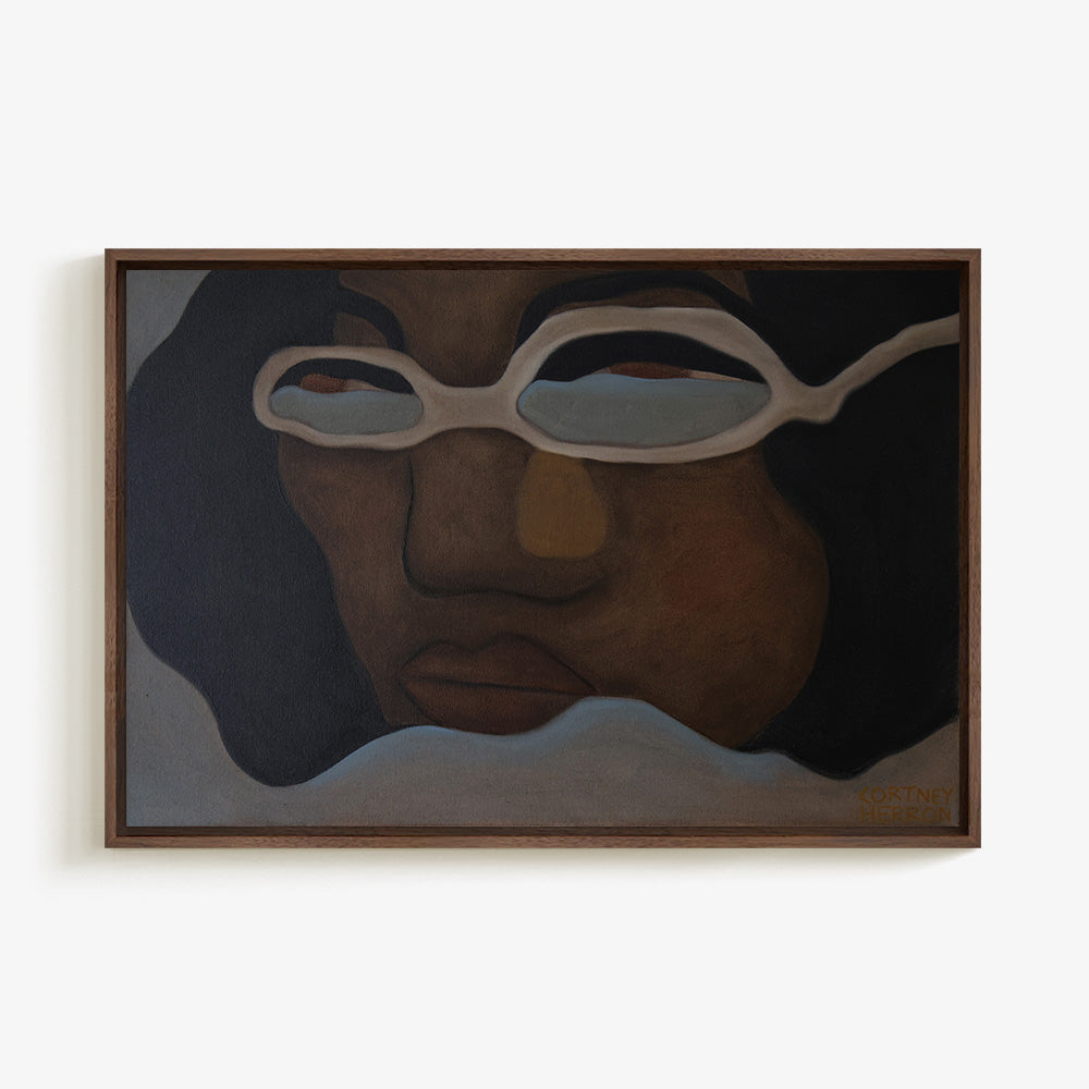 Painting of a person wearing glasses with a dark walnut frame