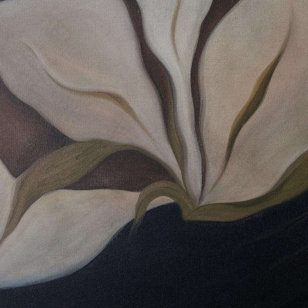 Abstract painting detail showing layered creamy flower-like petals with olive green edges against a dark background